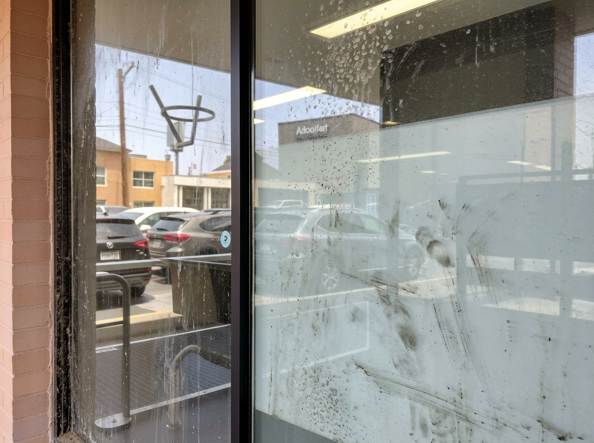 Storefront glass before cleaning