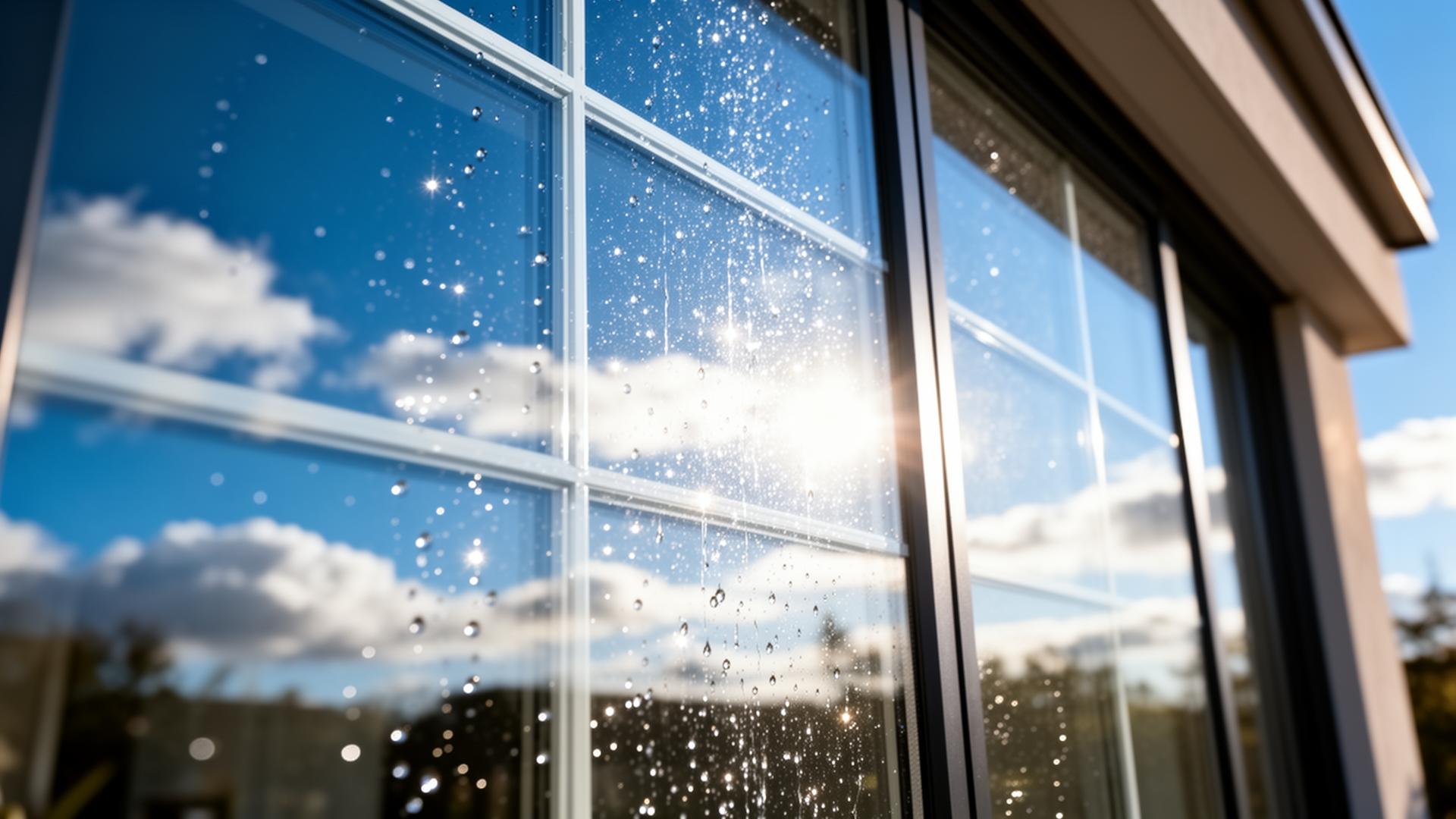 Sparkling clean home windows reflecting the sky